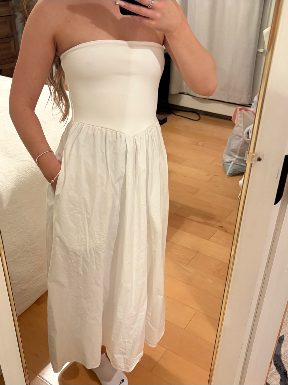 Altar'd State Strapless White Midi Dress with Pockets